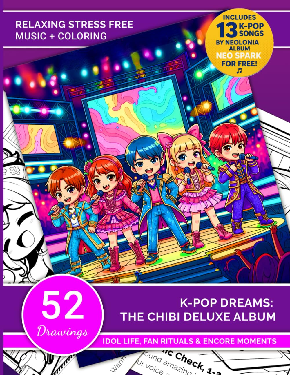 K-Pop Dreams: The Chibi Deluxe Album: A K-Pop Coloring Journey with 52 Chibi Idols and Free Music by Neolonia (Relaxing stress free, Easy coloring books for adults and teens) Manga