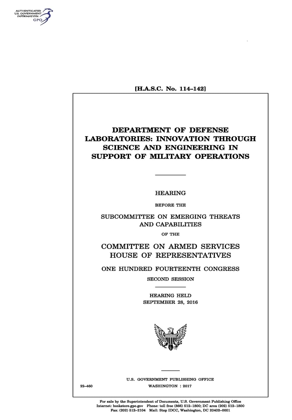 Department of Defense laboratories : innovation through science and engineering in support of military operations : hearing before the Subcommittee on ... of the Committee on Armed Services Law