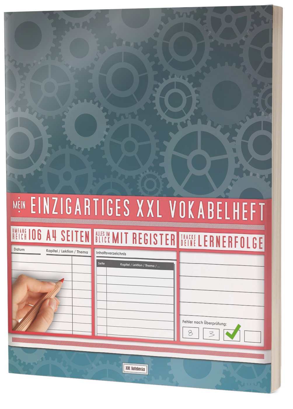 Mein Einzigartiges XXL Vokabelheft: 100+ Seiten, 2 Spalten, Register / Lernerfolge auf jeder Seite zum Abhaken / PR101 "Zahnräder" / DIN A4 Softcover book