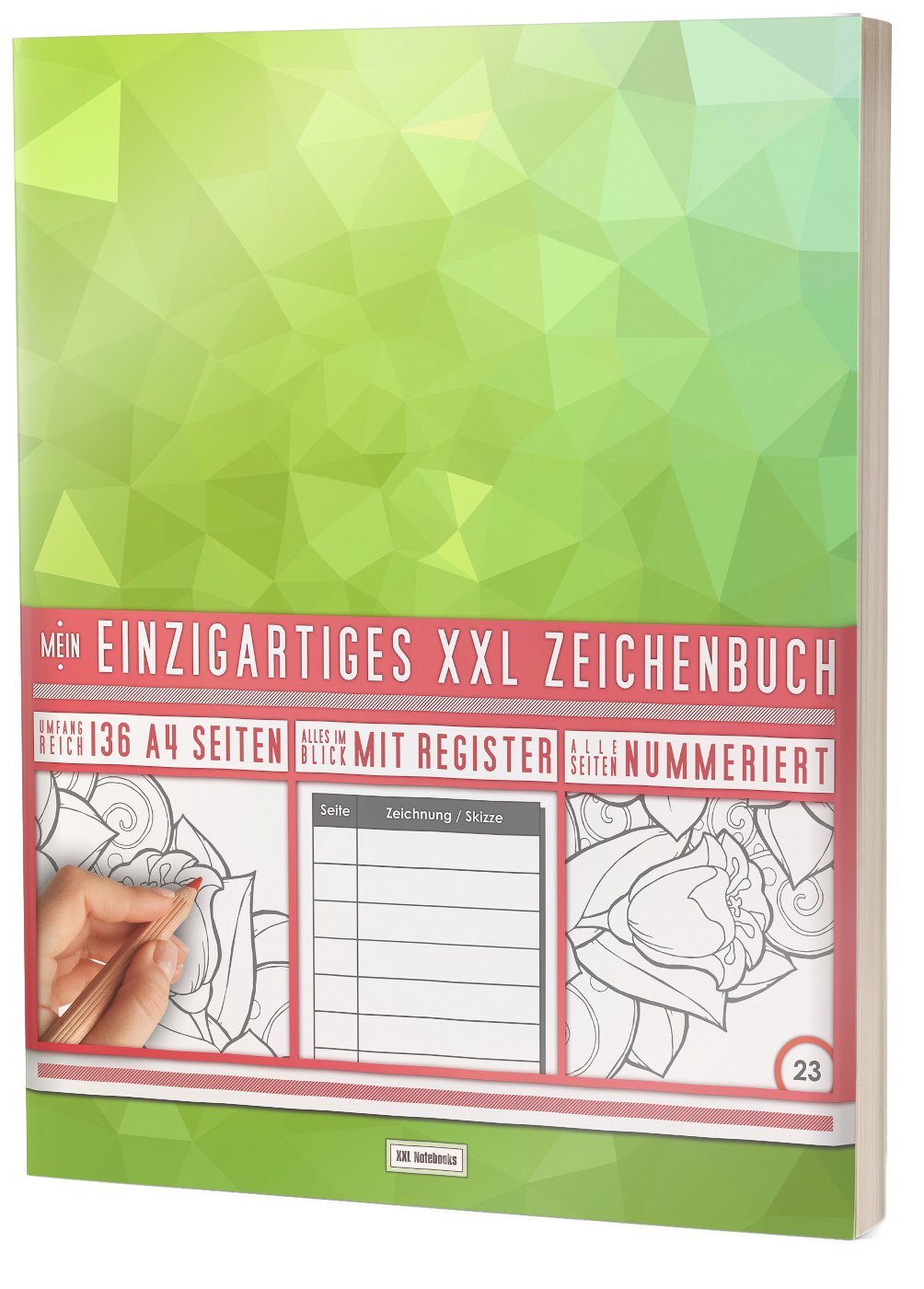 Mein Einzigartiges XXL Zeichenbuch: 136 Seiten, Nummeriert, Register / Dickes Blanko Buch / PR601 „Frisches Grün“ / DIN A4 Soft Cover Stationery