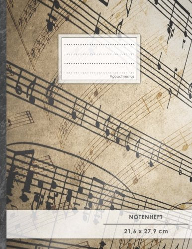 NOTENHEFT DIN A4 • 48 Seiten, 24 Blatt, 12 Systeme, „Vintage“ • Original #GoodMemos Schulheft • Mit Register und Seitenzahlen, Notenlineatur 14 Arts & Music