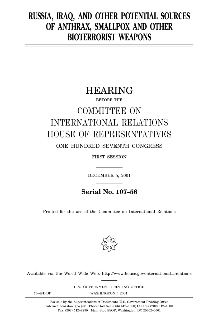 Russia, Iraq, and other potential sources of anthrax, smallpox, and other bioterrorist weapons Law