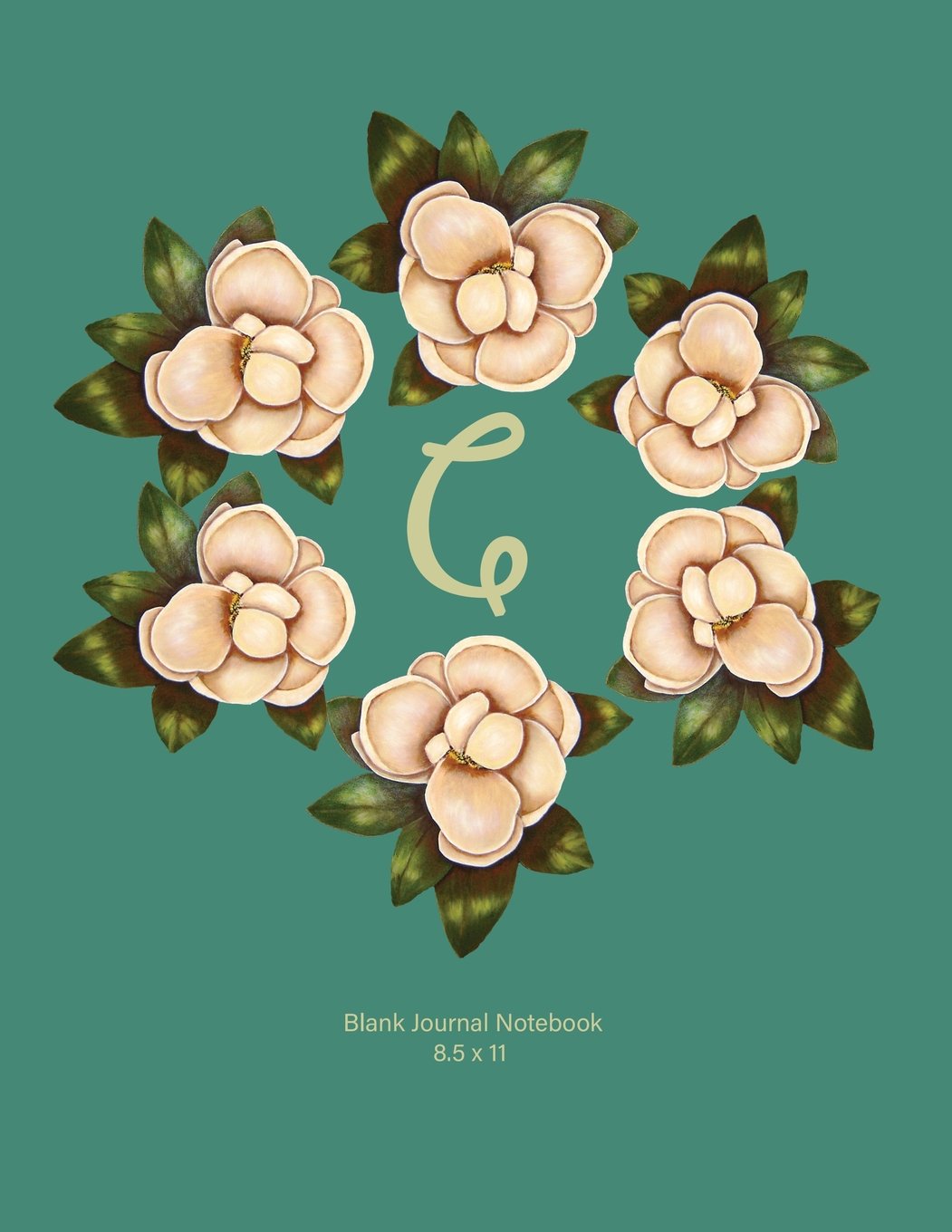 Blank Journal Notebook: C: Monogram with Magnolia Wreath. Original Artwork, Soft teal covered Journal, 110 Blank pages 8.5x11 Books