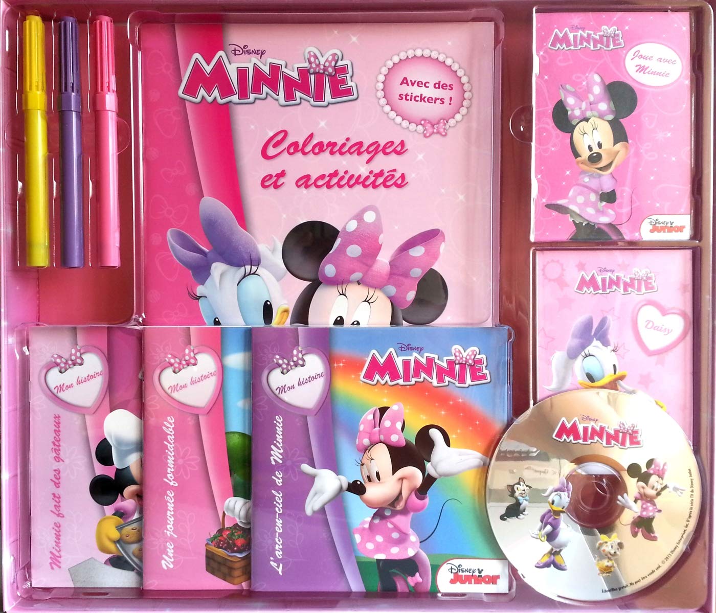 Coffret Minnie: 1 livre coloriages et activités, 2 livrets de cartes, 3 livres d'histoire et 3 feutres book