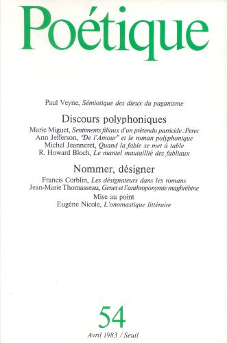 Poétique, n° 054: Discours polyphoniques. Nommer, désigner Books