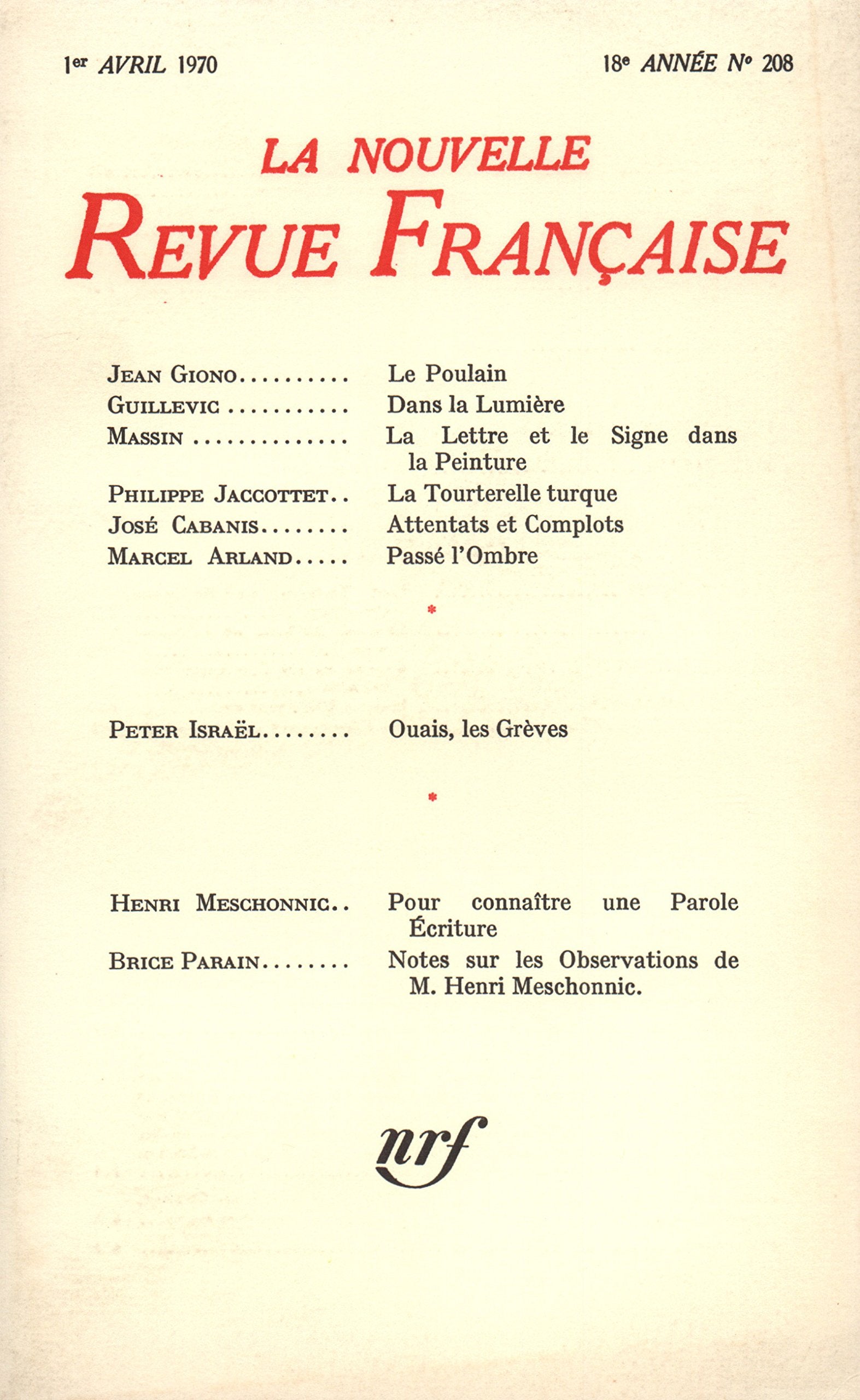 La n.r.f. 208 (avril 1970) (Gallimard) Books