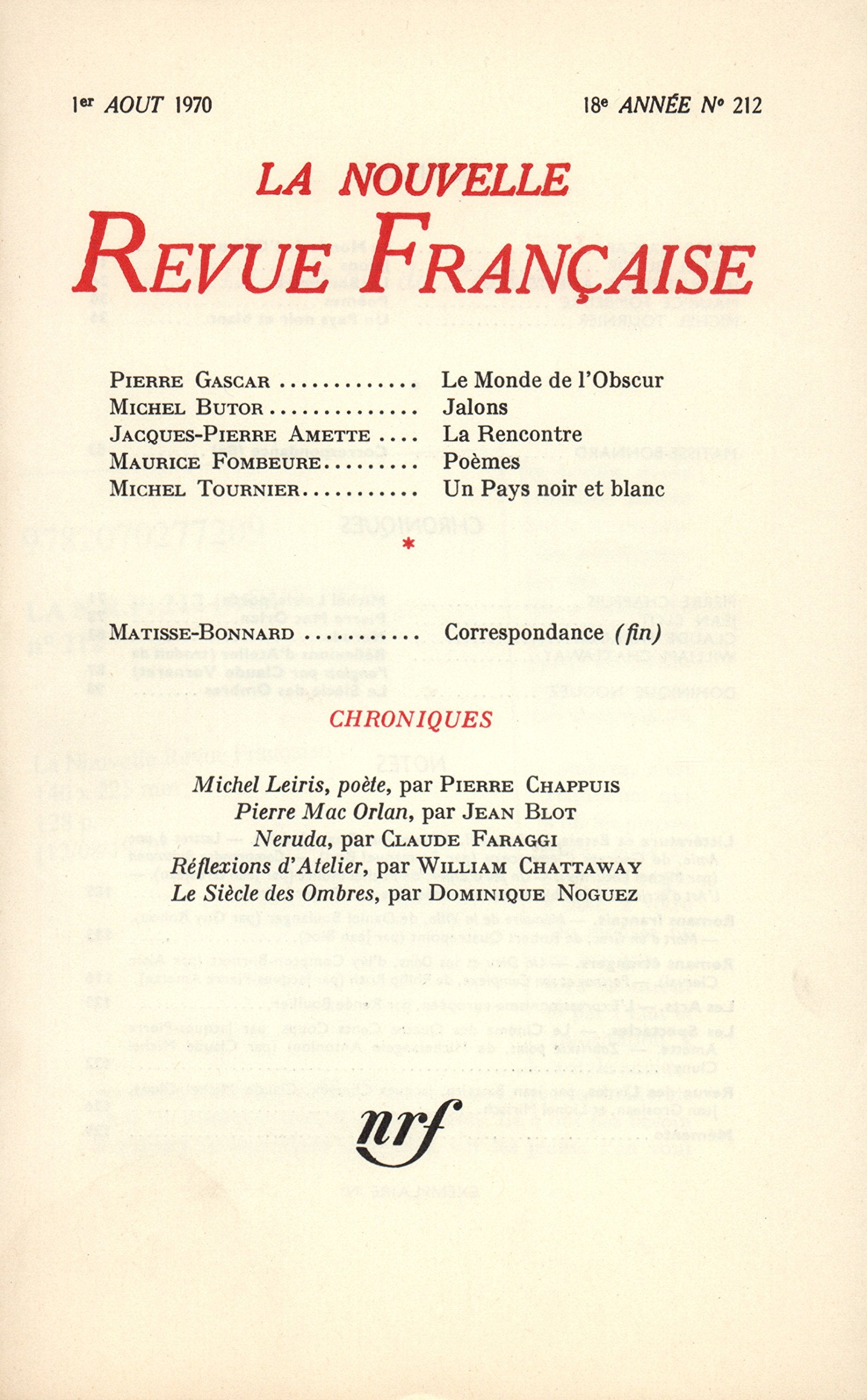 La n.r.f. 212 (aout 1970) (Gallimard) Essays & Short Stories
