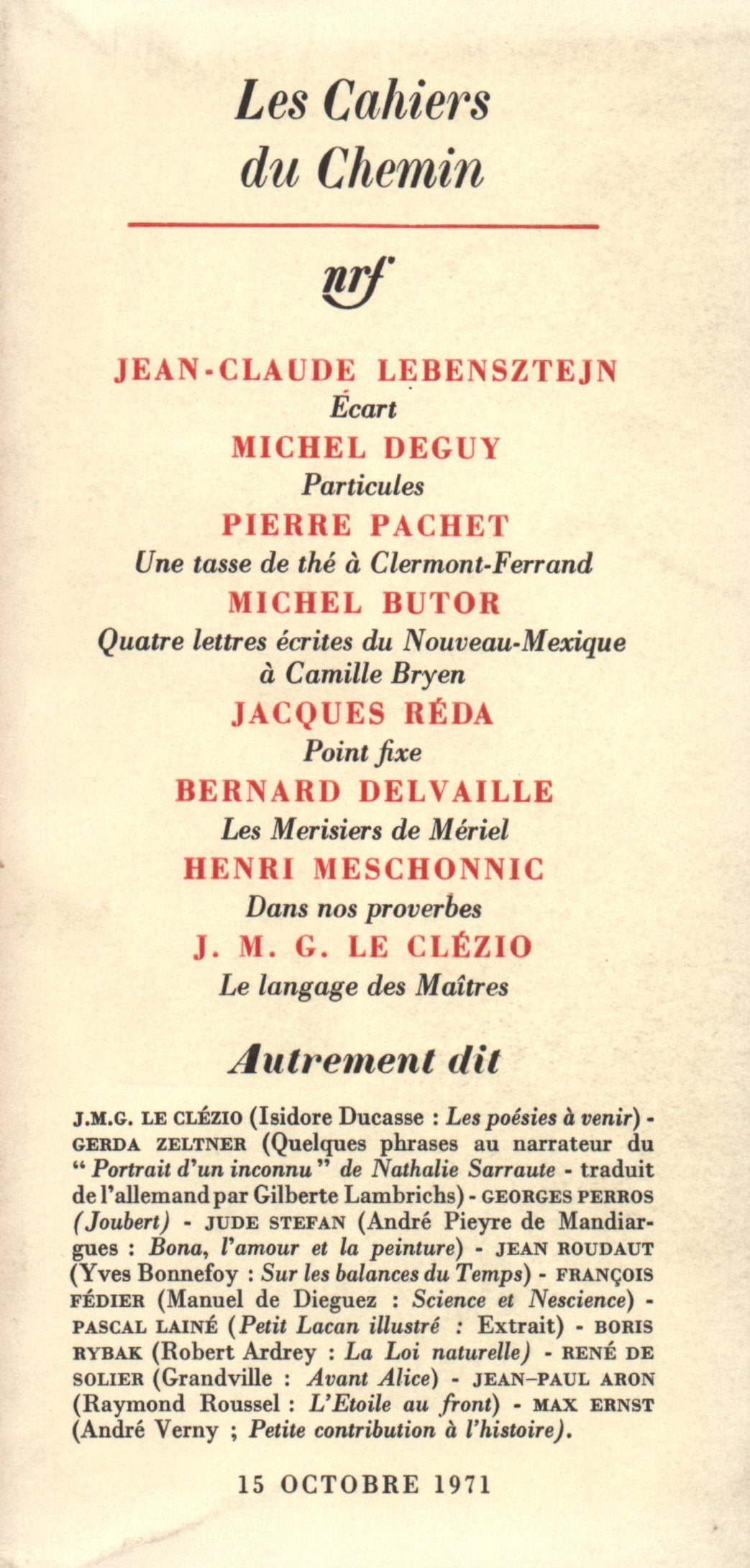 Les cahiers du chemin 13 (15 octobre 1971) (Cahiers Chemin) Reference Books