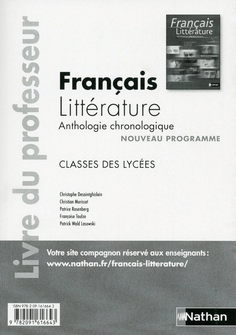 Français-Littérature, Anthologie chronologique 2nde,1ère Français-Littérature Livre du professeur Education & Training