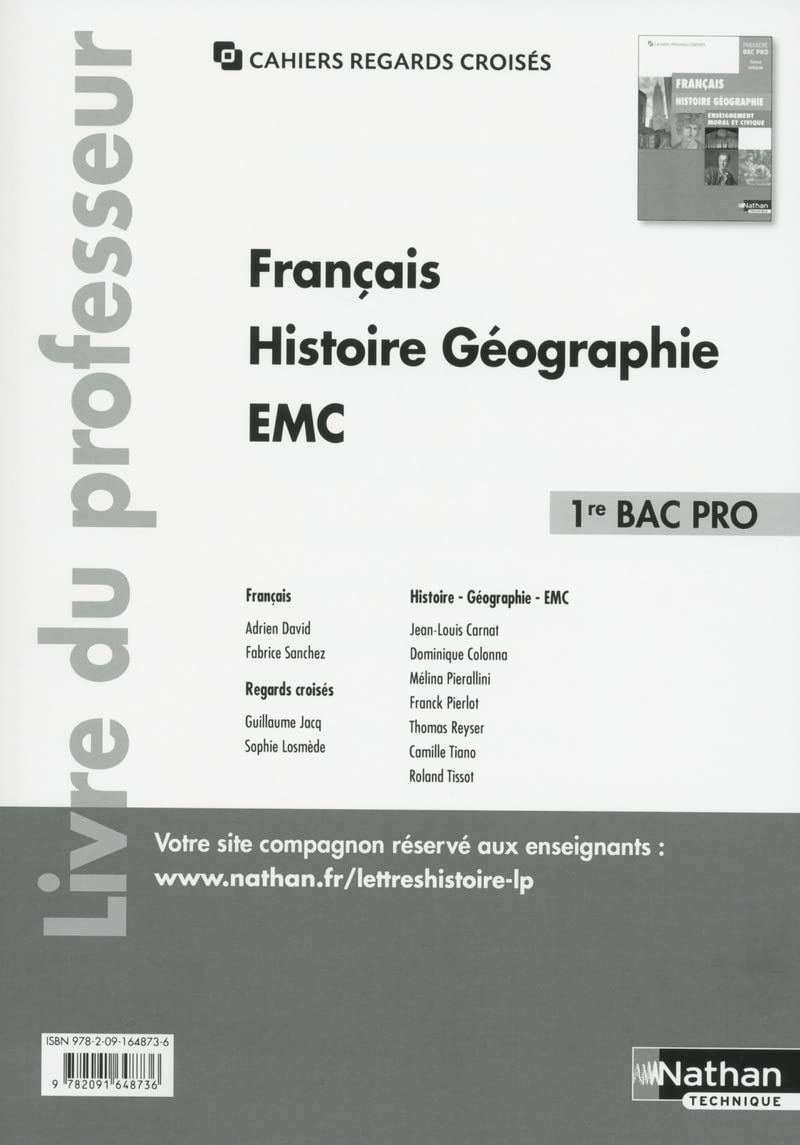 Français Histoire-géographie EMC - 1ère Bac pro (Cahiers regards croisés) Professeur - 2017: Livre du professeur Education & Training