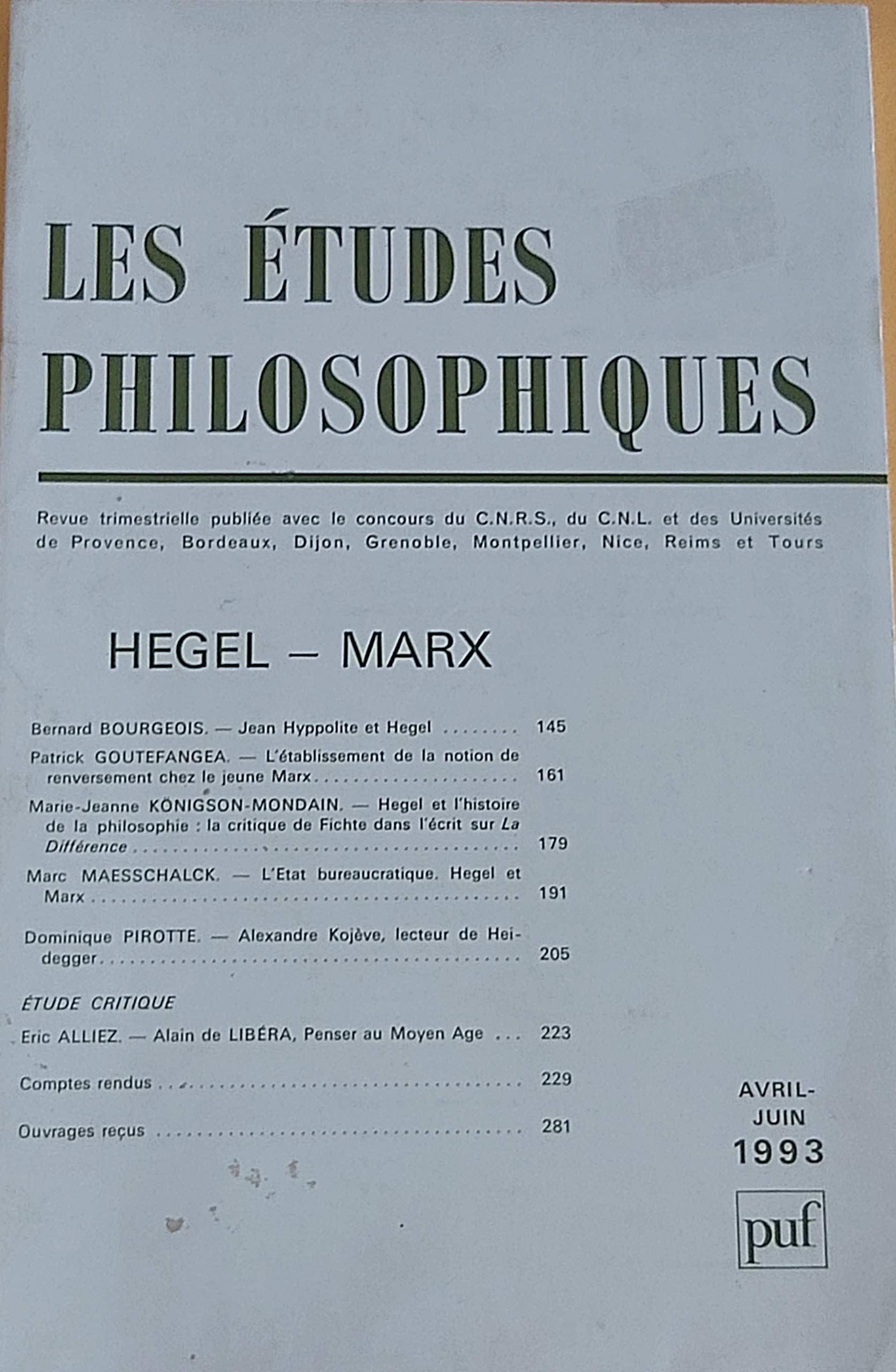 Etudes philosophiques (Les), n° 2 (1993). Hegel, Marx Philosophy