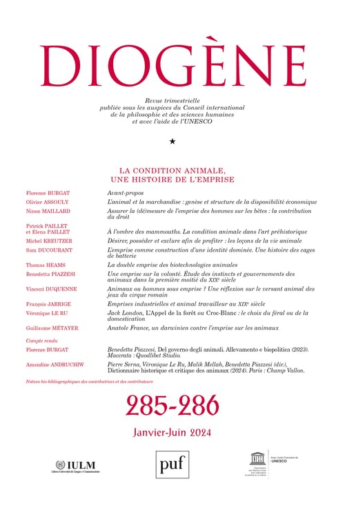 Diogène 2024, n° 285-286: La condition animale, une histoire de l'emprise book