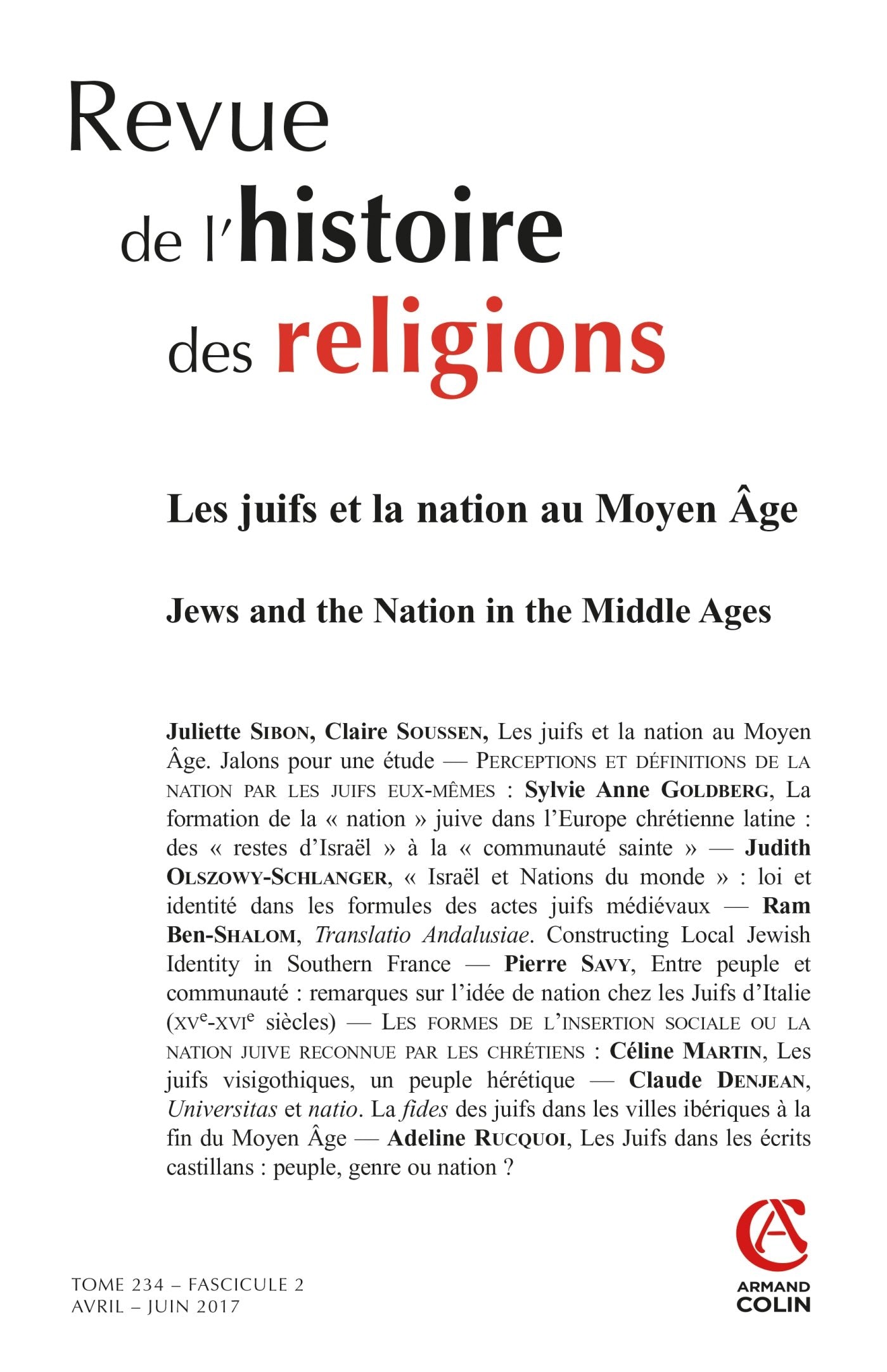 Revue de l'histoire des religions (2/2017) Les Juifs et la nation au Moyen Âge: Les Juifs et la nation au Moyen Âge book