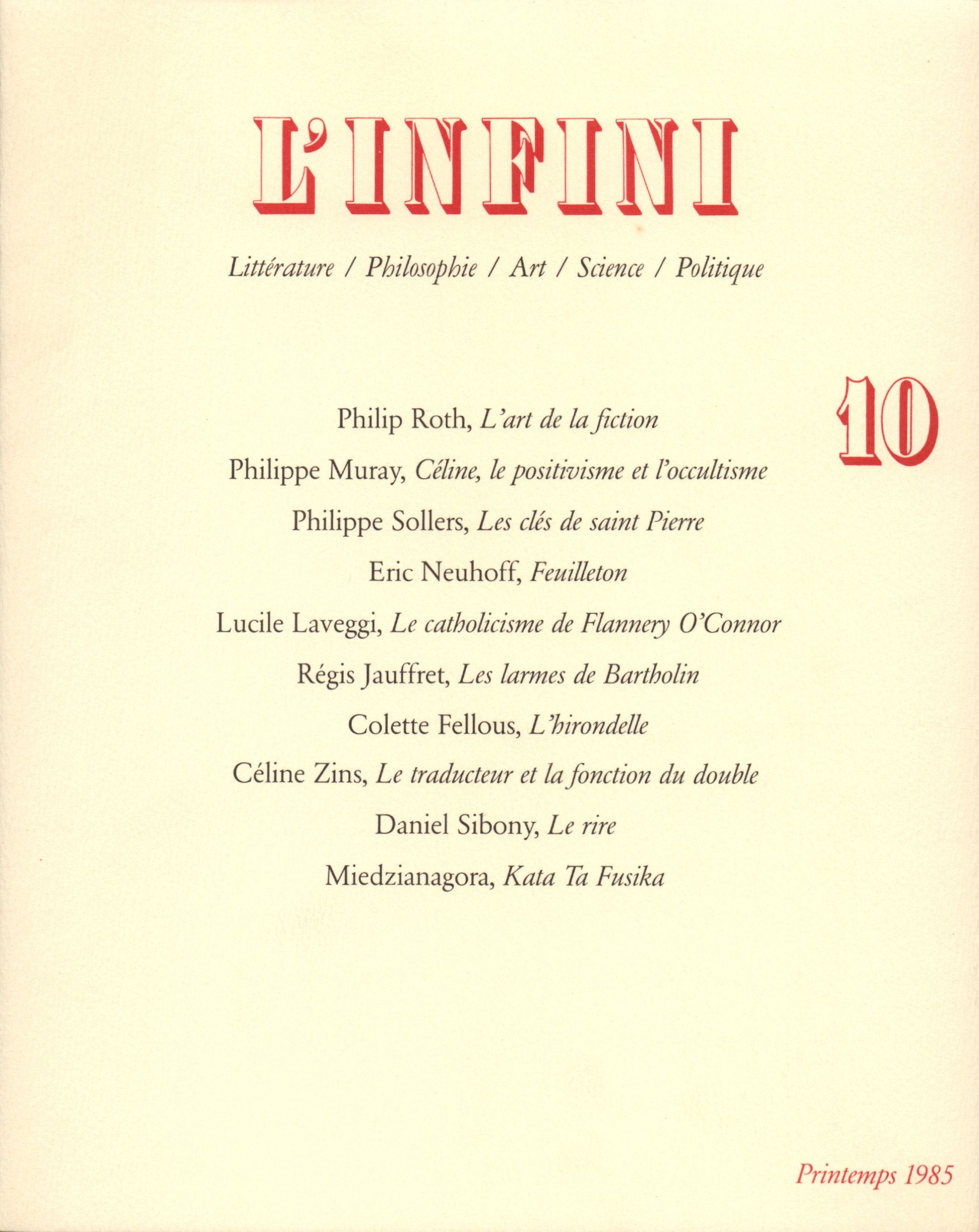 Infini printemps 1985 (Revue l'Infini) Books