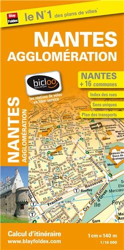 Plan de la ville de Nantes et de son agglomération (inclus : Fougères, Vitré, Redon) - Echelle : 1/14 000, avec index - Localisation des stations Bicloo Maps & Plans