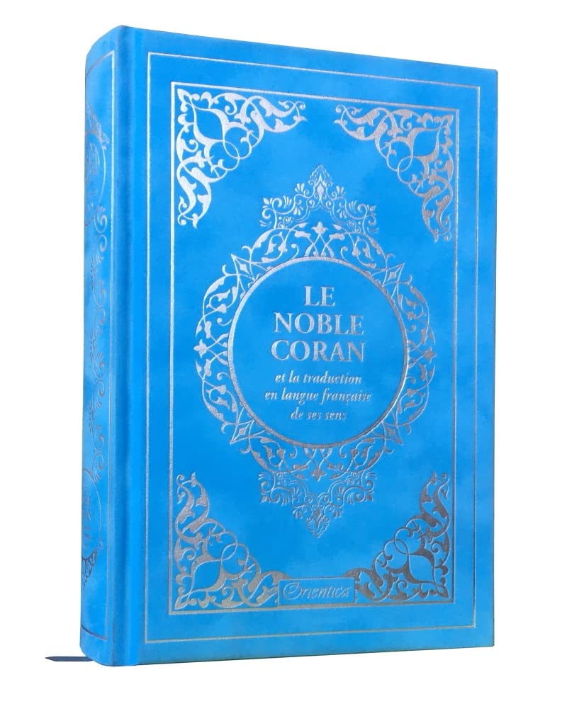 Le Noble Coran et la traduction en langue française de ses sens (Bilingue avec index des sourates sur le côté) - Couverture de luxe cartonnée en daim couleur Bleu ciel Doré Children's books