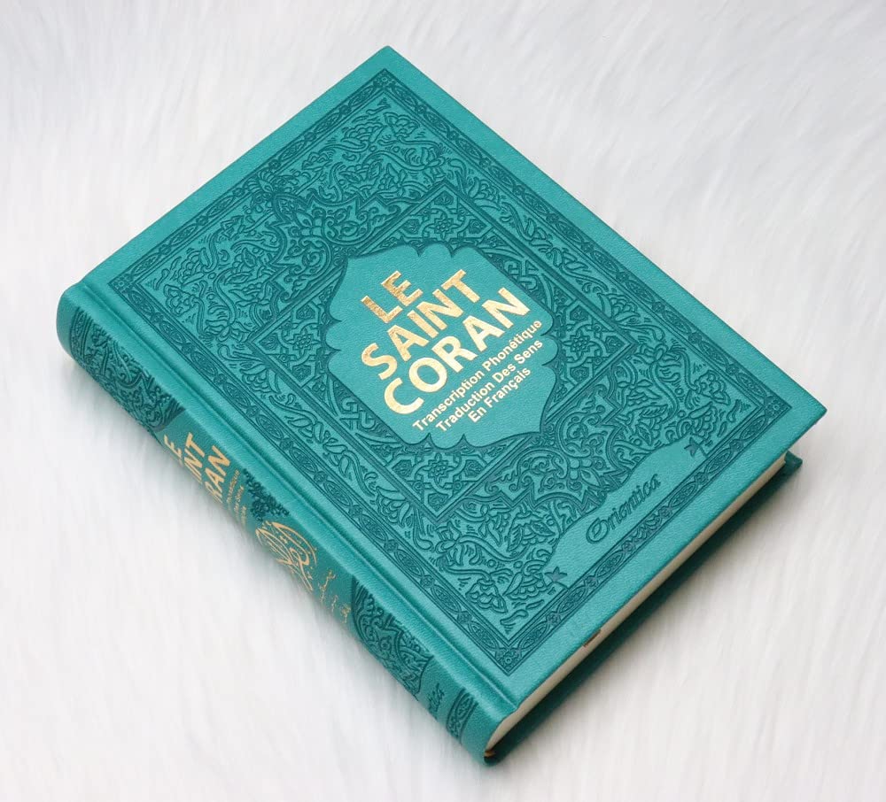 Le Saint Coran - Transcription phonétique (de l'arabe) et Traduction des sens en français - Edition de luxe - Couverture en cuir vert-bleu doré book