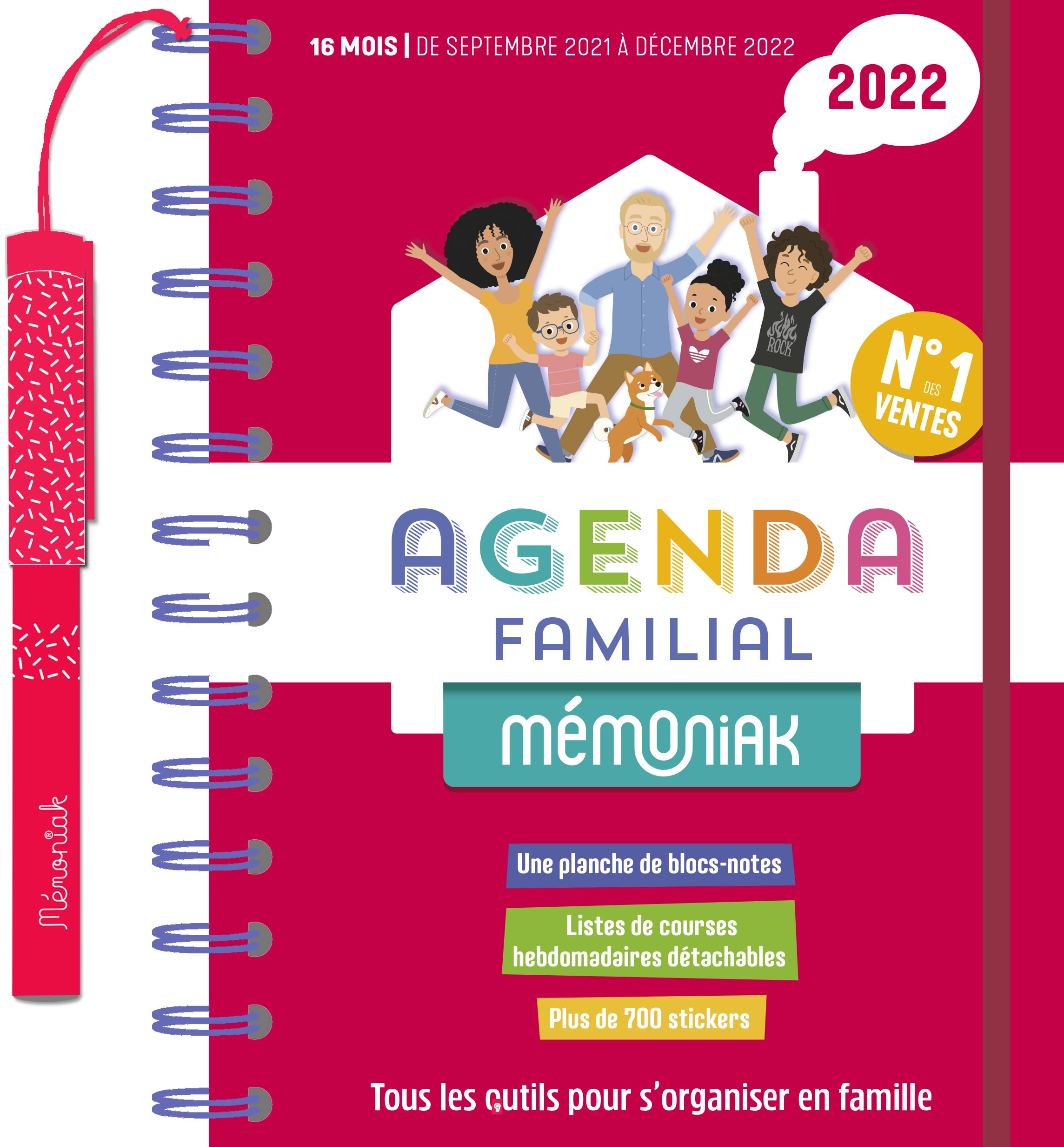 Agenda familial Mémoniak 2021-2022: Tous les outils pour s'organiser en famille. Avec 1 stylo , 700 autocollants, 1 planche de blocs-notes autocollants, des sites de courses hebdomadaires détachables Partnership & Love