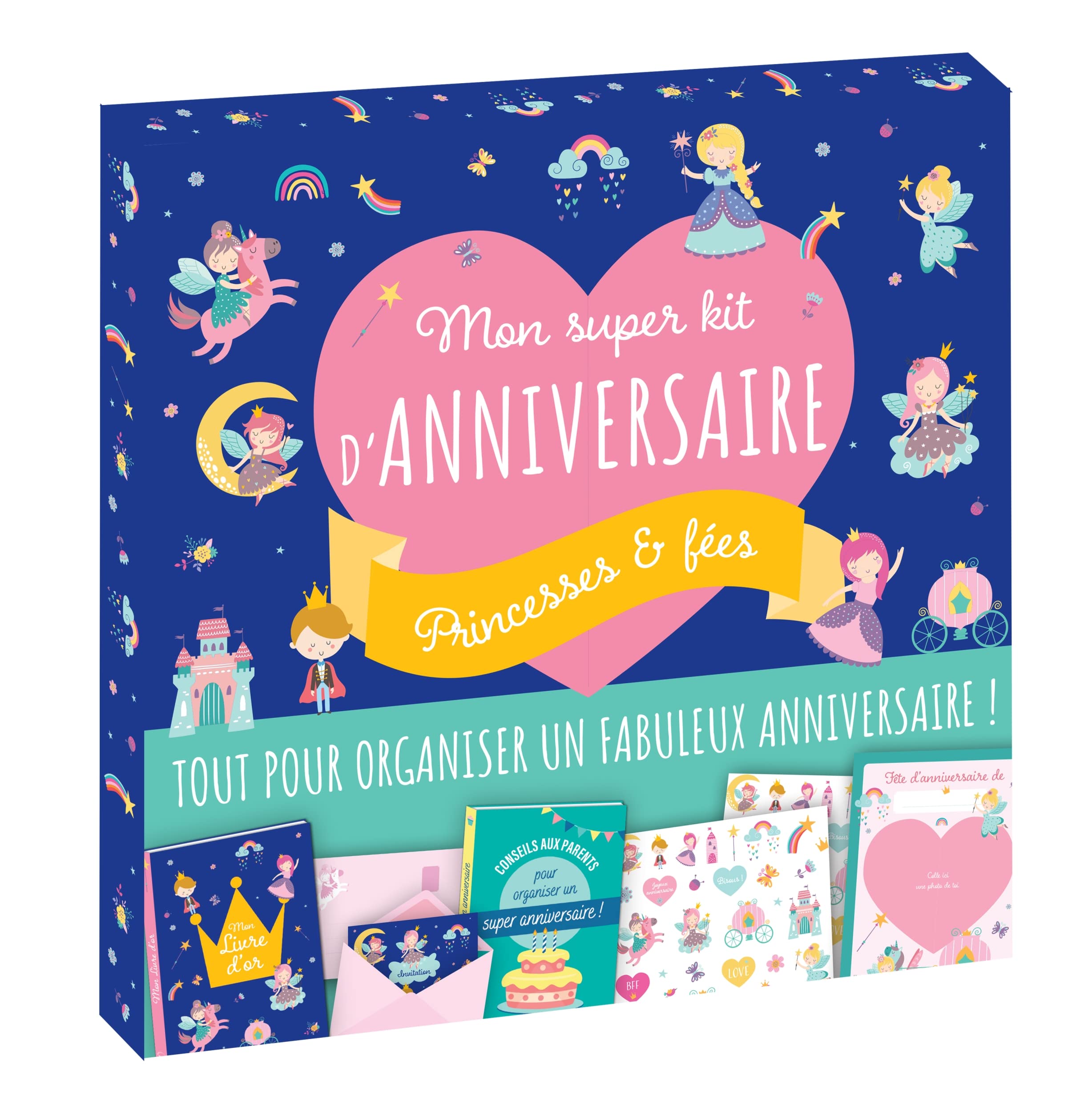 Mon super kit d anniversaire Princesses & Fées: Avec 1 livre d'or, 1 livret pour les parents, 15 cartons d'invitation, 15 enveloppes, 1 planche de stickers, 7 accessoires photobooth et 1 poster Tiptoi & Games