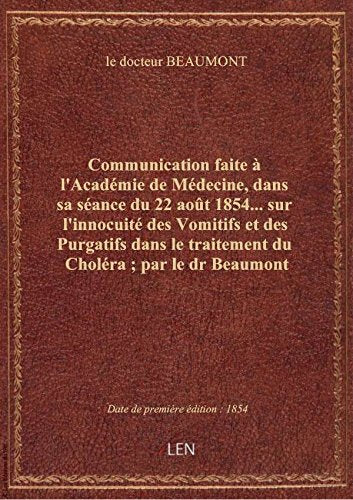Communication faite à l'Académie de Médecine, dans sa séance du 22 août 1854… sur l'innocuité des Vo book