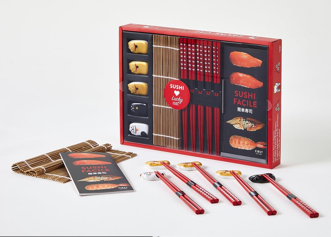 Coffret Lucky cat sushis, 4e éd: Coffret avec 1 natte en bambou, 5 paires de baguettes, 5 repose-baguettes et 1 livre de recettes Leisure, Home & Garden