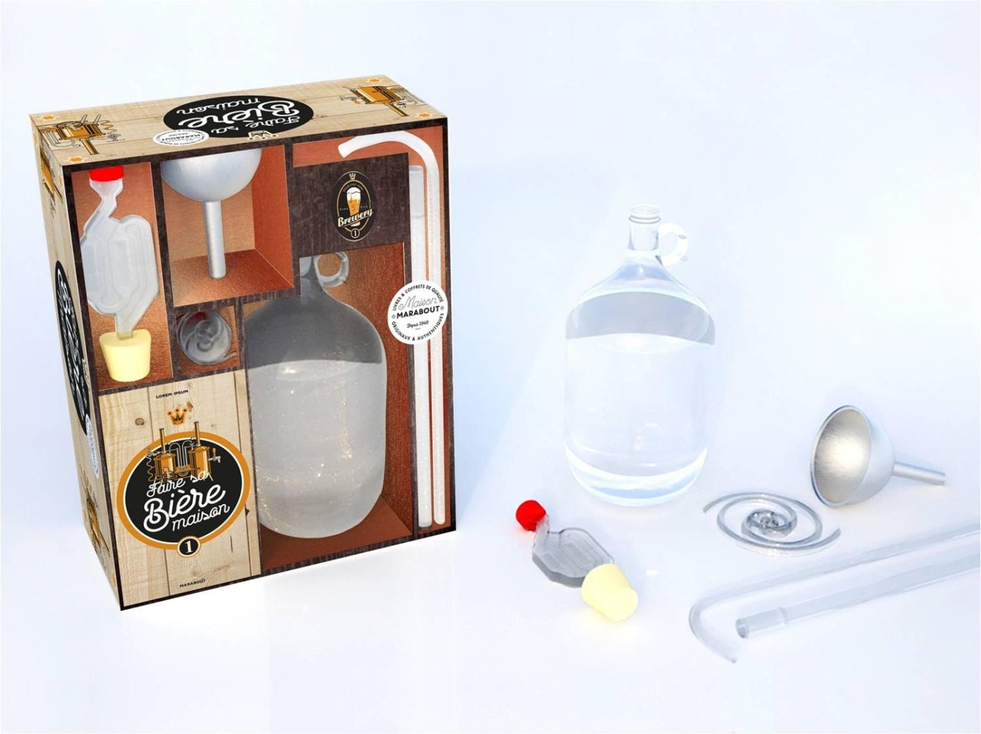 Coffret Faire sa bière maison: Contient : 1 bonbonne en verre, 1 entonnoir, 1 tube flexible, 1 canne de soutirage, 1 thermomètre, 1 barboteur et son bouchon book