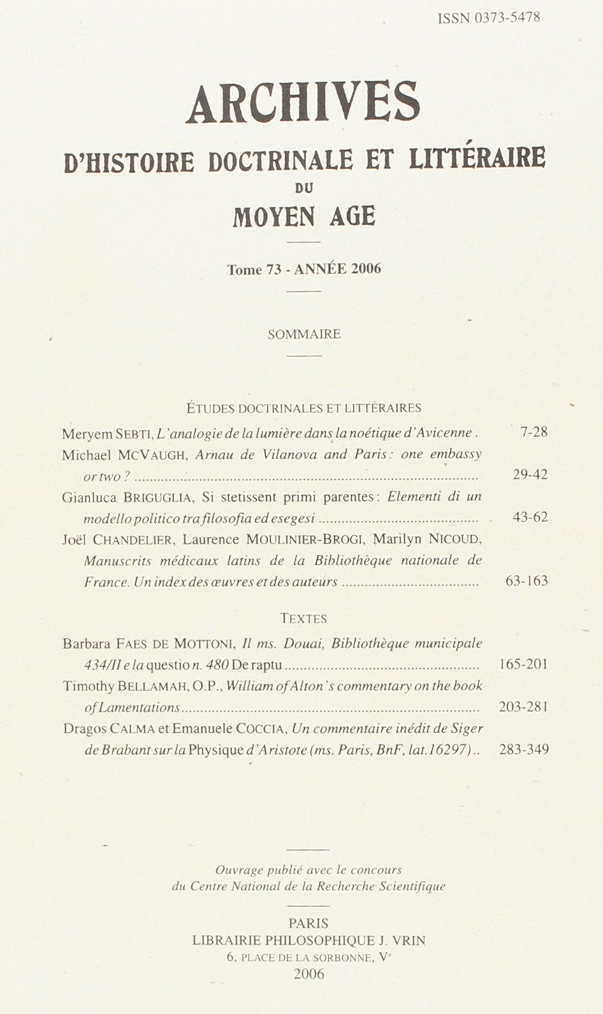 Archives d'histoire doctrinale et littéraire du Moyen Age, n° 73 book
