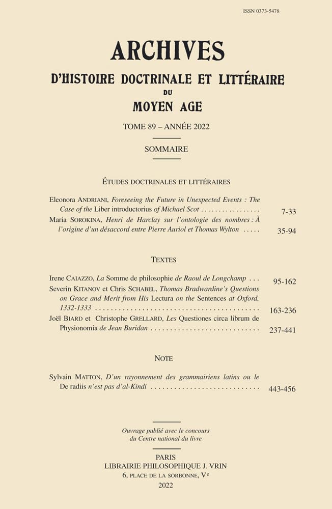 Archives d'Histoire Littéraire et Doctrinale du Moyen Âge (tome LXXXIX – 2022) book