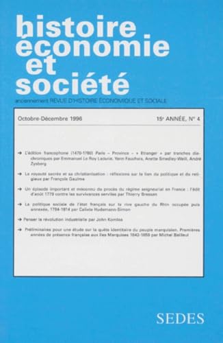Histoire, Economie Et Societe Numero 4 Octobre-Decembre 1996 book