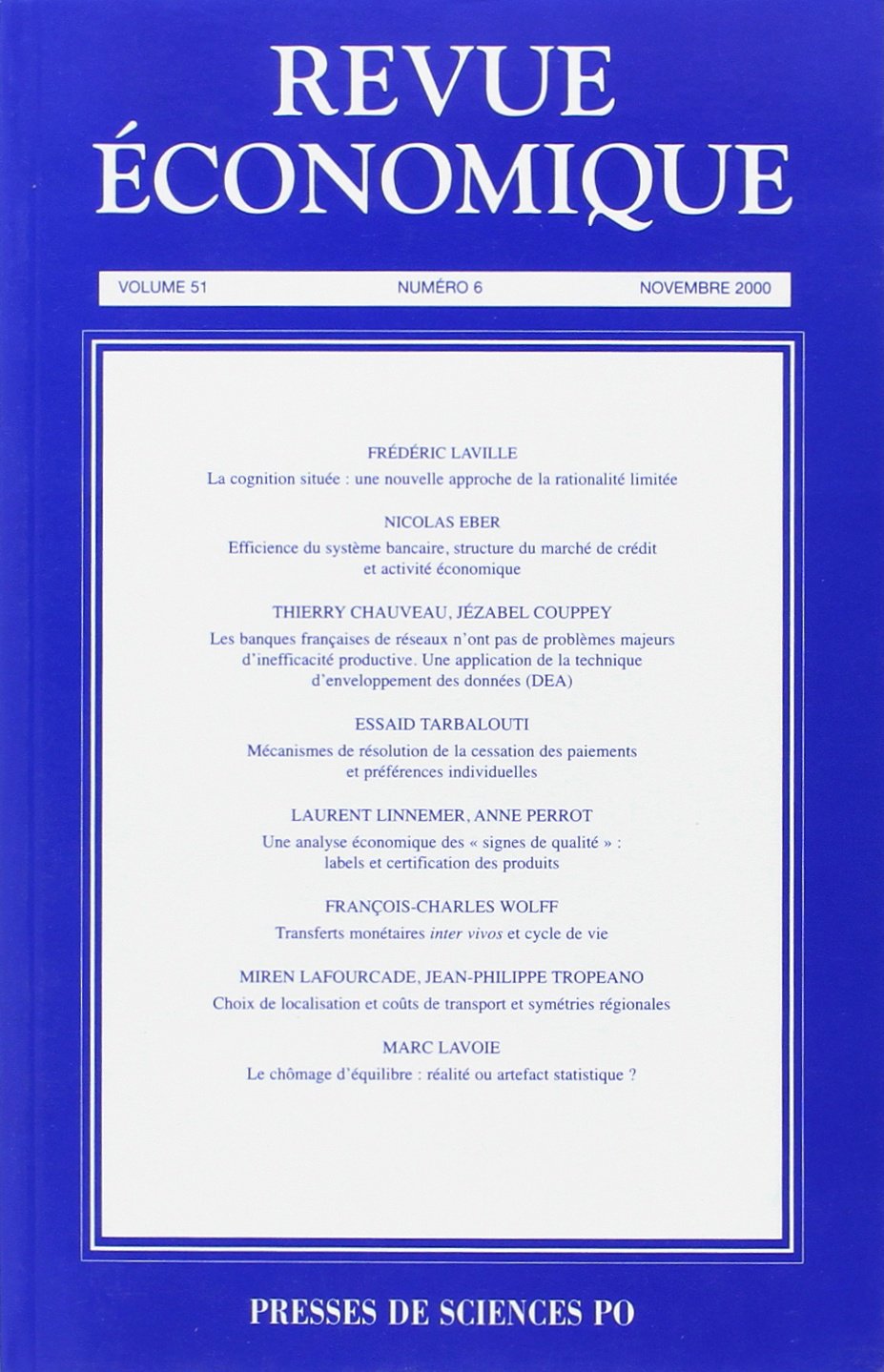 Revue economique nø6 vol.51 novembre 2000 book