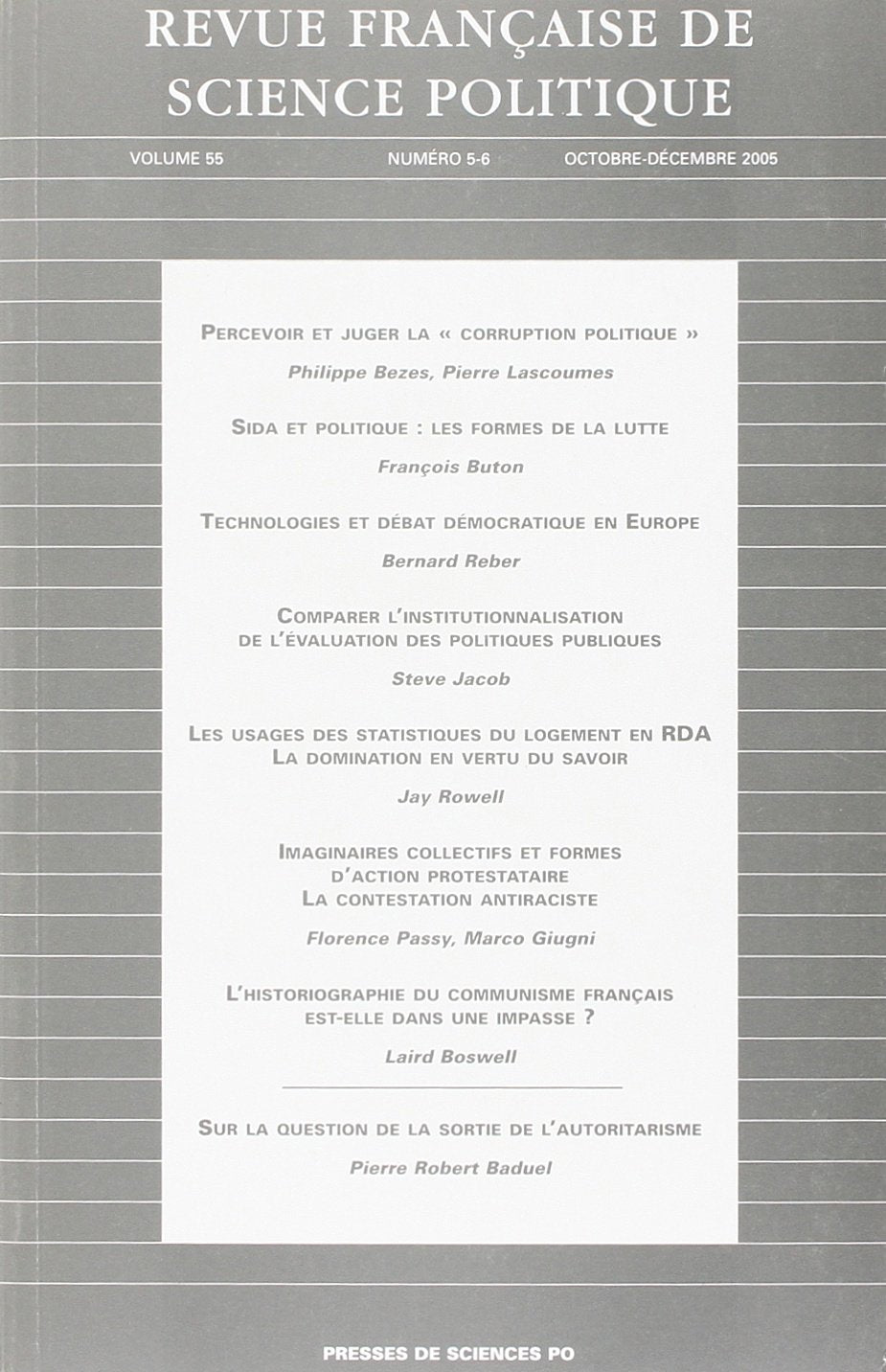 Revue française de science politique, N° 5 Volume - 55 Oct : book