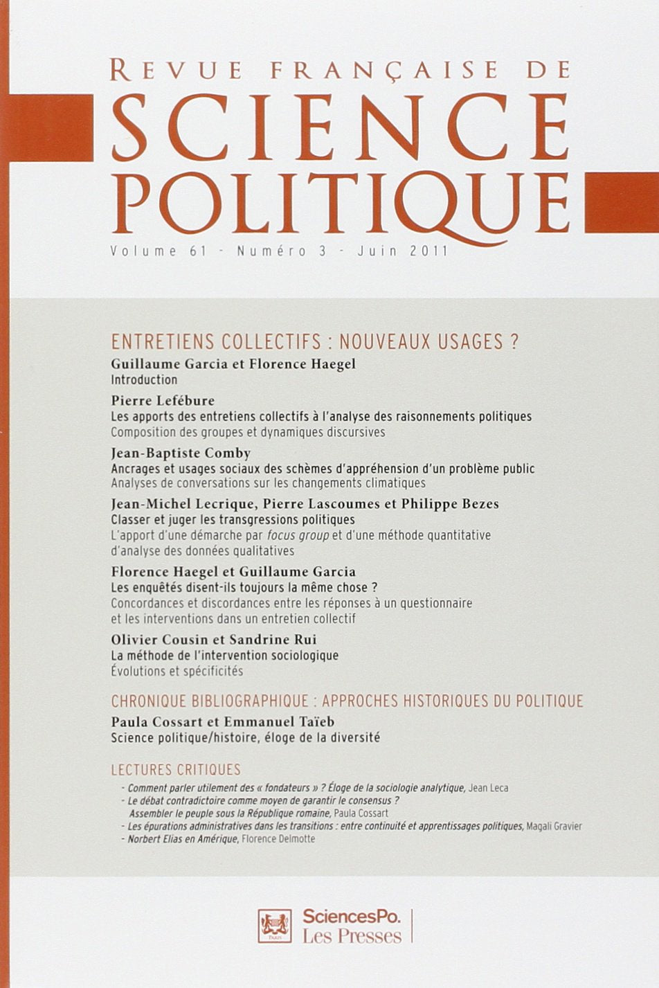 Revue française de science politique, n° 61-3. Entretiens collectifs : nouveaux usages ? book