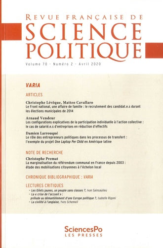 Revue française de science politique, n° 70-2. Varia Politics & History