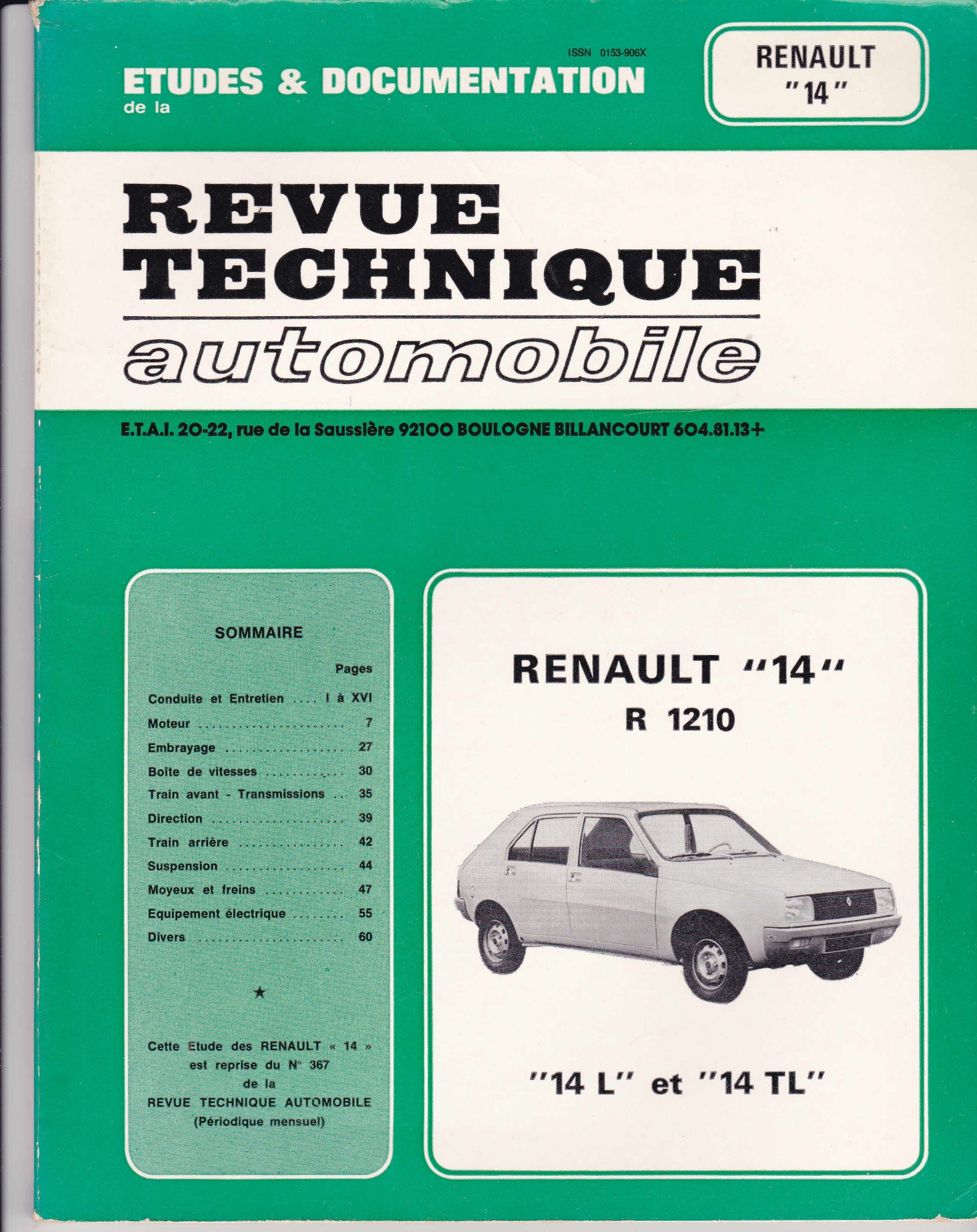 revue technique automobile renault 14/r 1210/14L et 14TL/cip3671 book