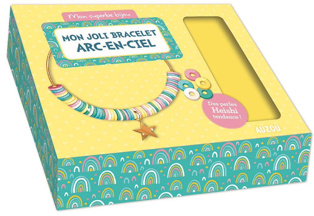 Mon joli bracelet arc-en-ciel : Avec 1 cordon doré, 1 charm étoile, des perles Heishi de 5 couleurs différentes, des pince-lacets, des anneaux de raccord, des fermoirs book