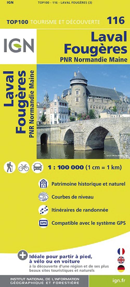 IGN Karte, Tourisme et découverte Laval, Fougères: Patrimoine historique et naturel, Courbes de niveau, Itinéraires de randonée, Compatible GPS (TOP 100, Band 116) Maps & Plans