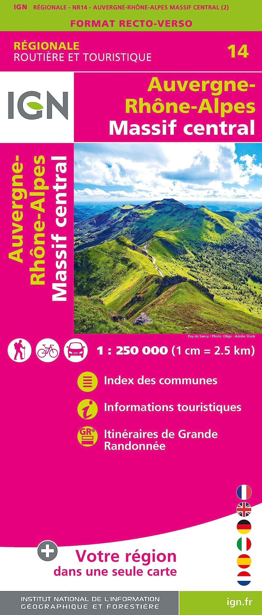 Auvergne Rhône-Alpes (Massif Central) Recto/verso 1:250 000 book