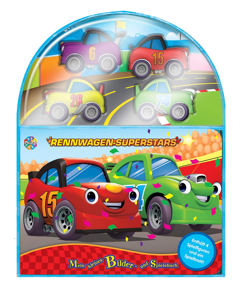 Phidal Rennwagen-Superstars Mein kleines Bilder- und Spielebuch - Beschäftigungsbuch für Kinder – 10-seitiges Pappbilderbuch, 4 Spielfiguren, 1 Spielbrett Leisure & Fun