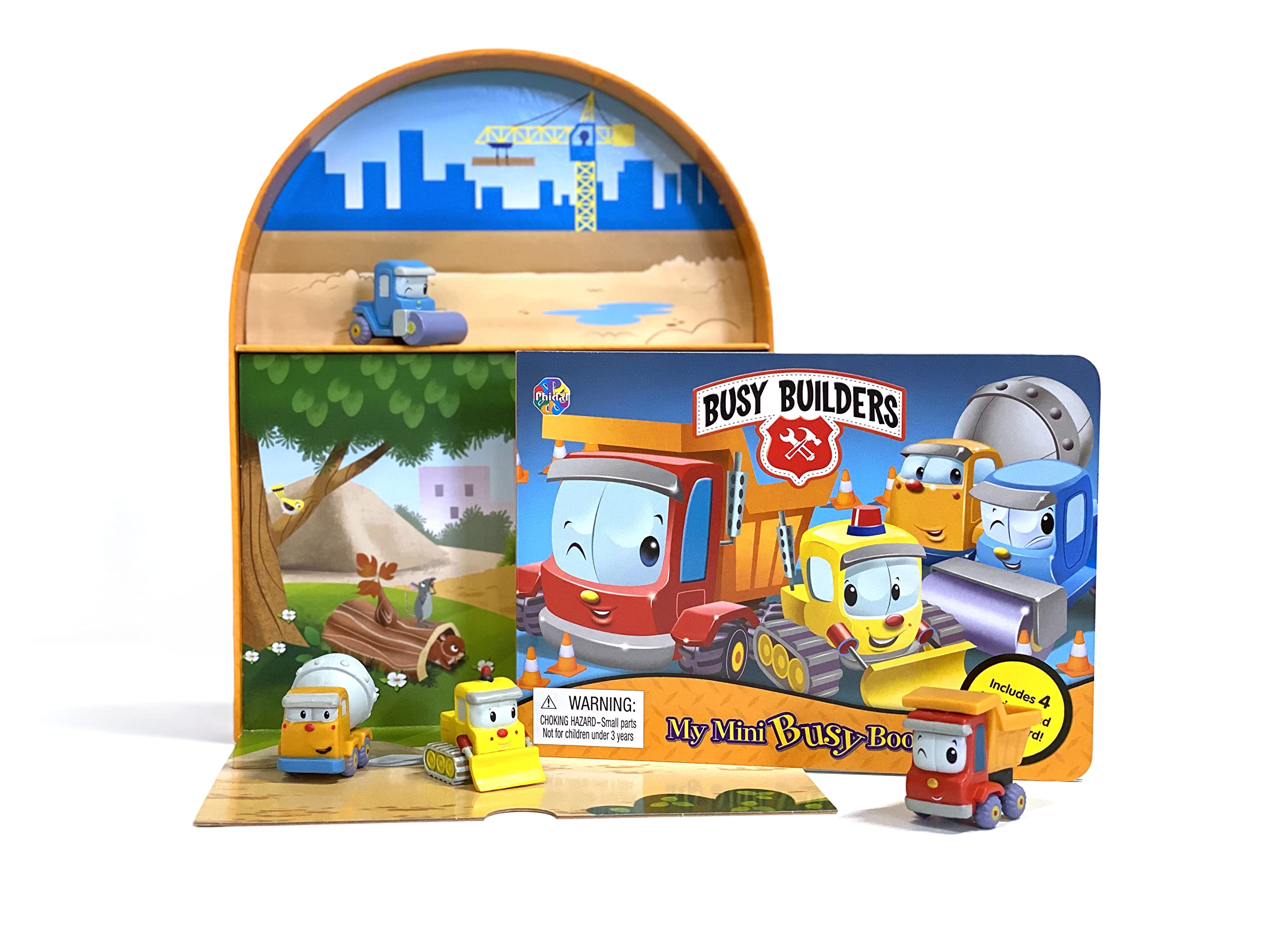 Phidal Busy Builders My Mini Busy Books - Activity Books for kids, 10-page storybook, 4 figurines, a foldable play mat book
