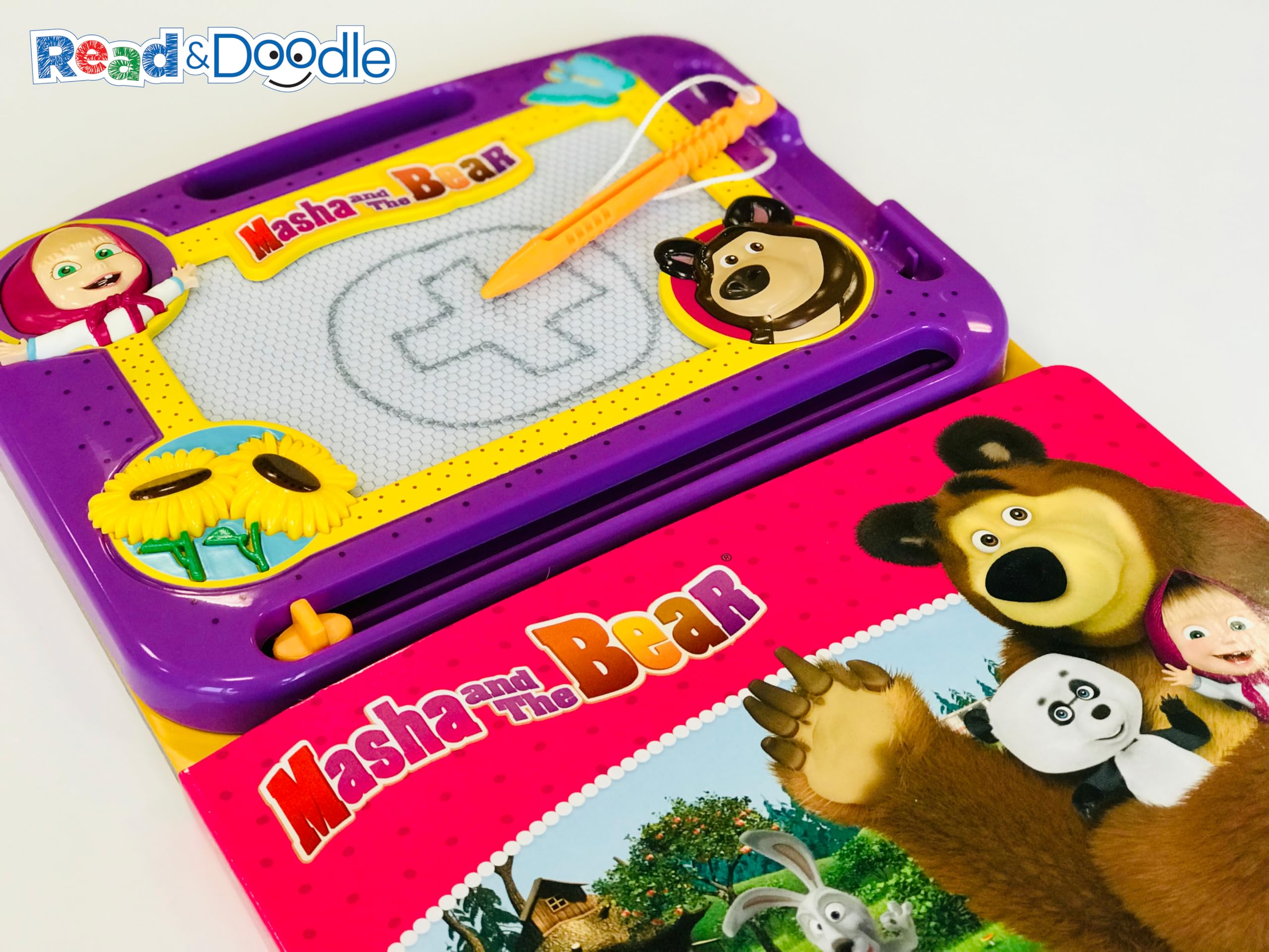 Disney Masha & the Bear Read & Doodle - Learning resources for kids, a magnetic drawing pad, an easy-to-use pen, 22-page board book for reading and drawing book