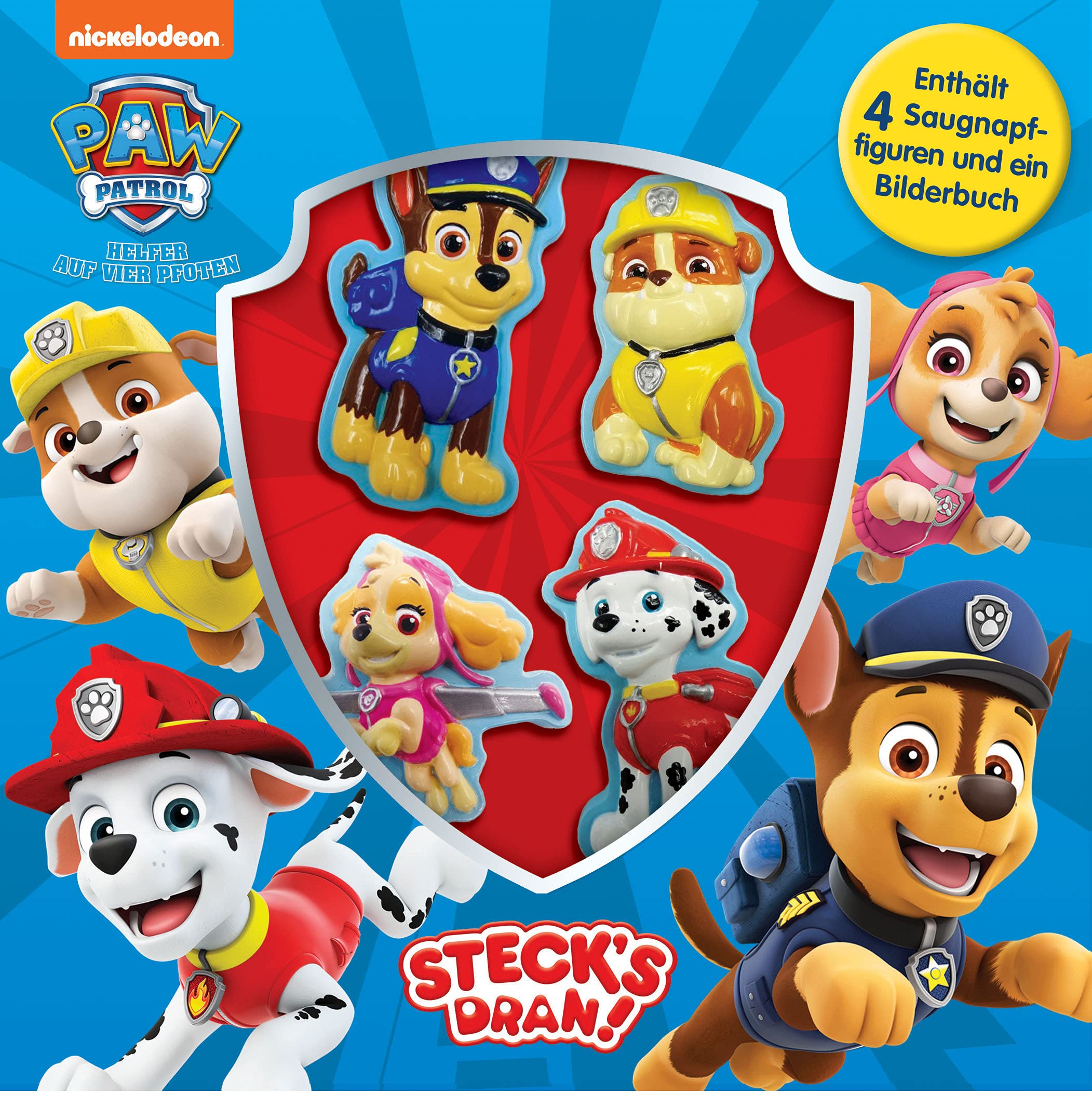 Paw Patrol Steck's Dran - Beschäftigungsbuch für Kinder, 8-seitiges Pappbilderbuch, 4 bunten Saugnapf-Figuren: Includes 4 suction cup toys and a storybook! Children's books