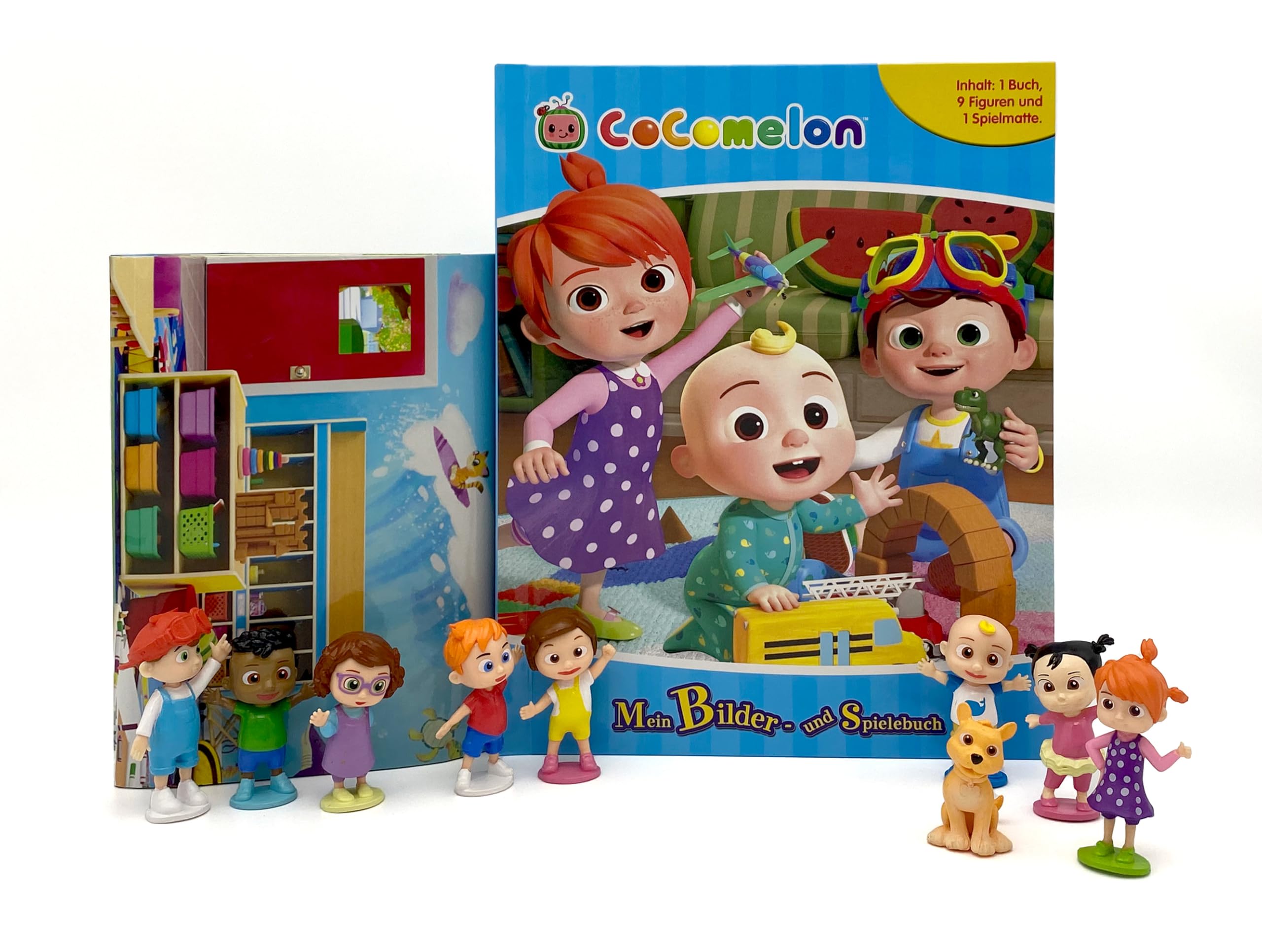 Cocomelon Mein Bilder- und Spielebuch - Spiel- und Beschäftigungsbuch, 10-seitiges Buch, 9 Spielfiguren, 1 Spielmatte Books
