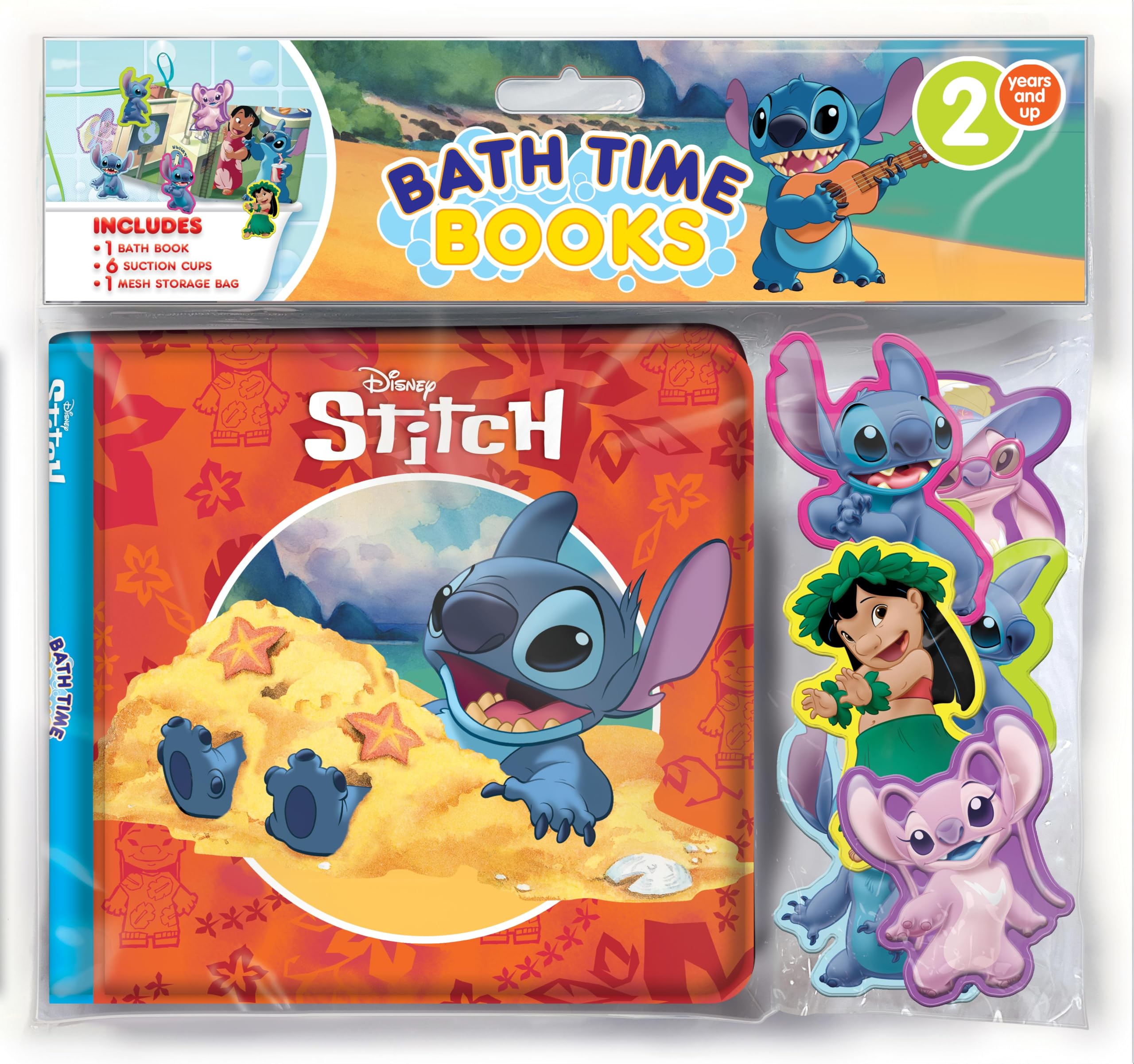 Disney Stitch Bath Time Books - Activity Books for kids, Bath book, 6 Padded suction cups, 1 Mesh bag Books