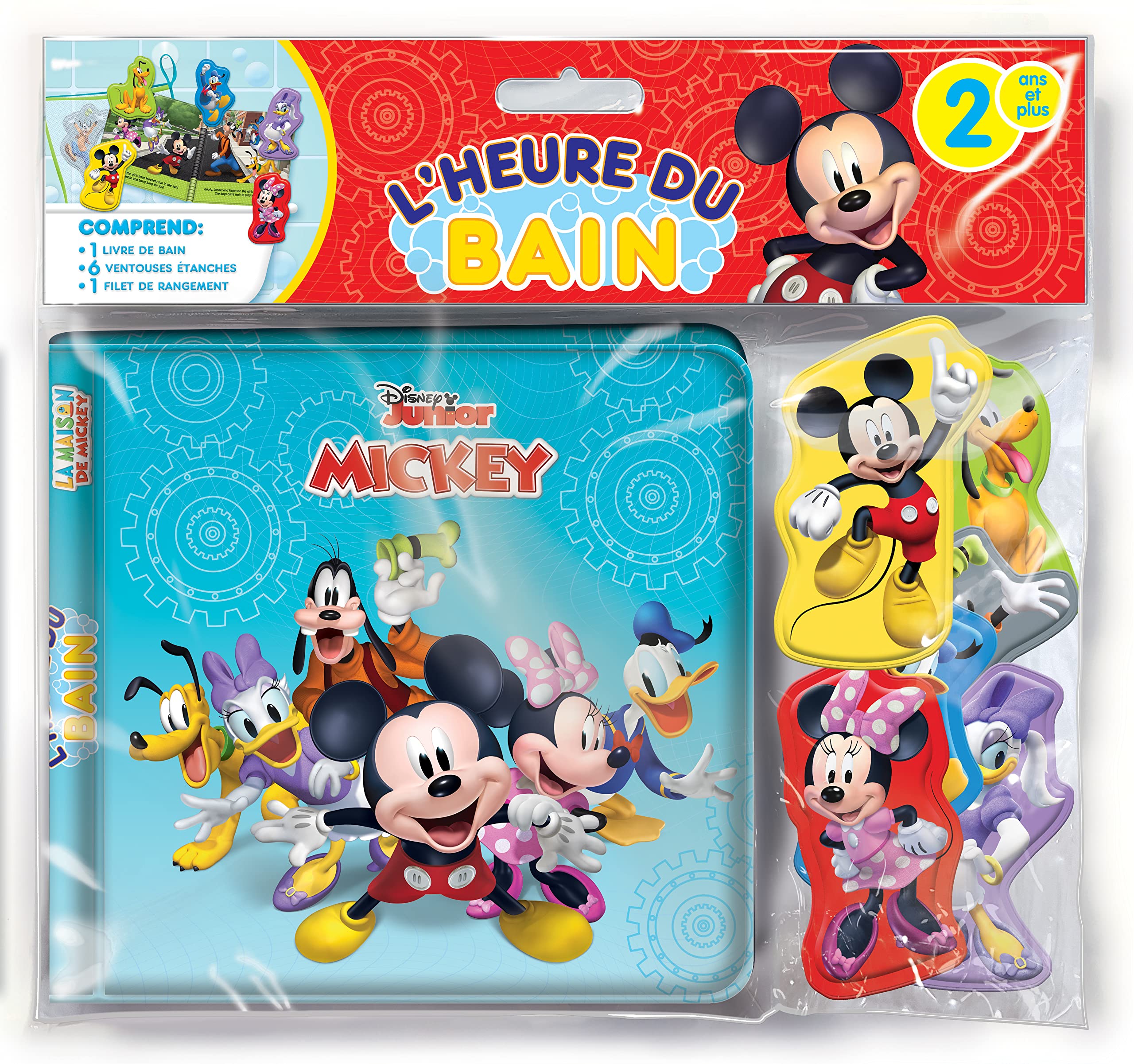 Disney Junior Mickey et ses amis L'Heure du Bain - Livres d'activités pour enfants, livre de bain de 6 pages, 6 ventouses en relief et étanches, 1 sac en filet book