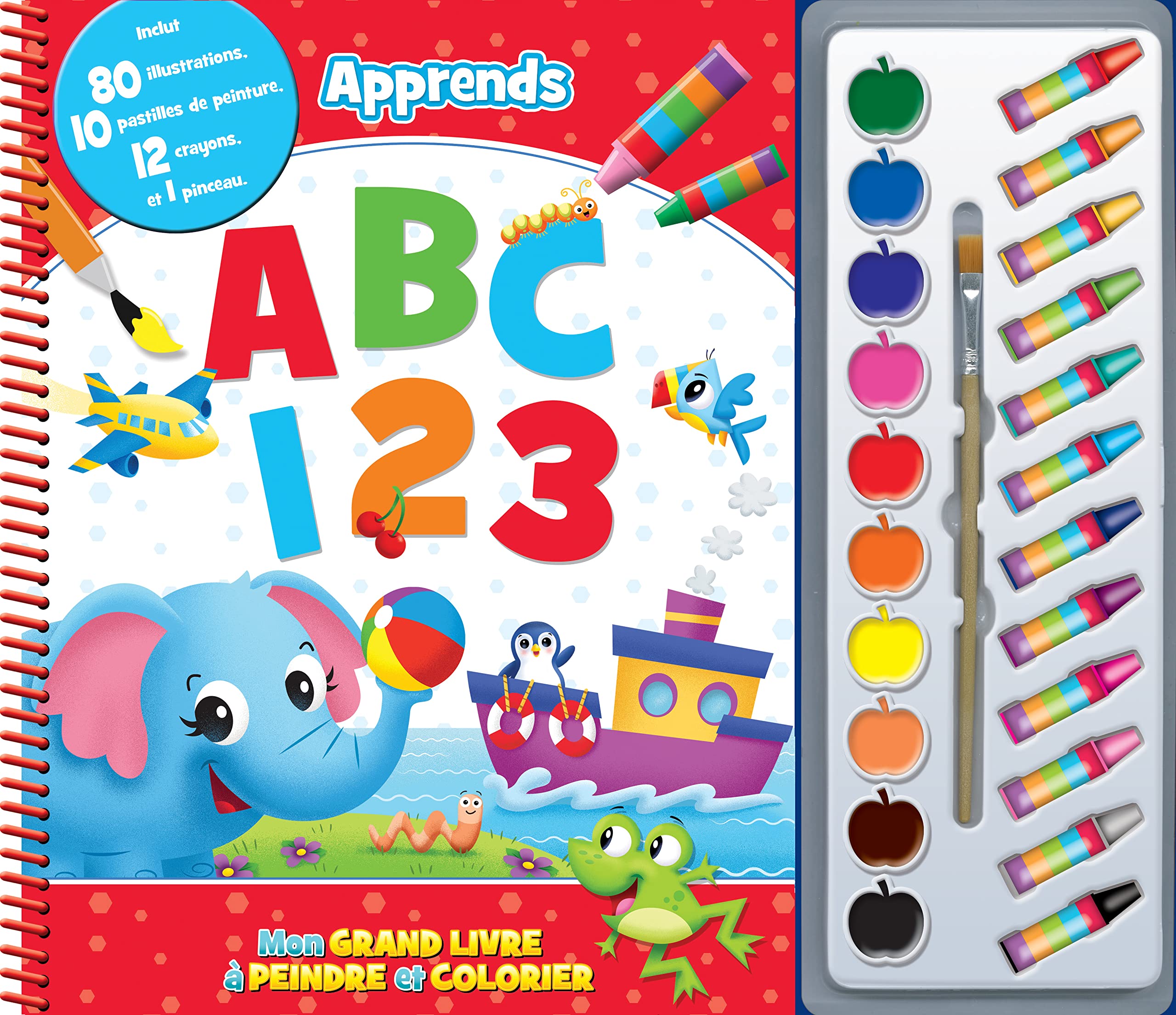 Phidal Apprends ABCs & 123s Mon Grand Livre à Peindre et Colorier - Livre de coloriage pour enfants, 80 illustrations, 10 pastilles de peinture, 12 crayons de couleur, 1 pinceau book