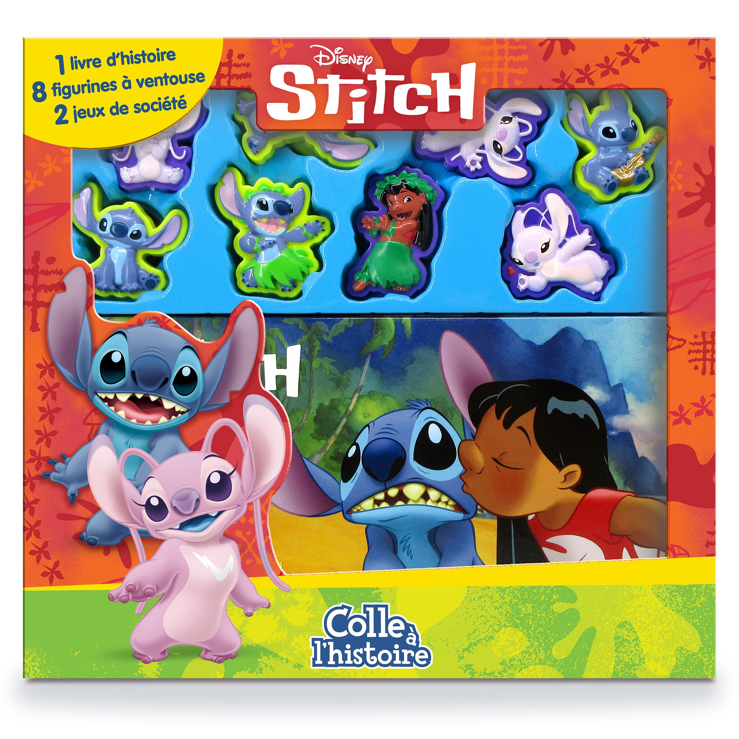 Disney Stitch Colle à l’histoire – Livre cartonné de 16 pages, 8 figurines à ventouse, 2 jeux de société, 1 grand plateau de jeu recto verso, fermeture velcro, coffret book