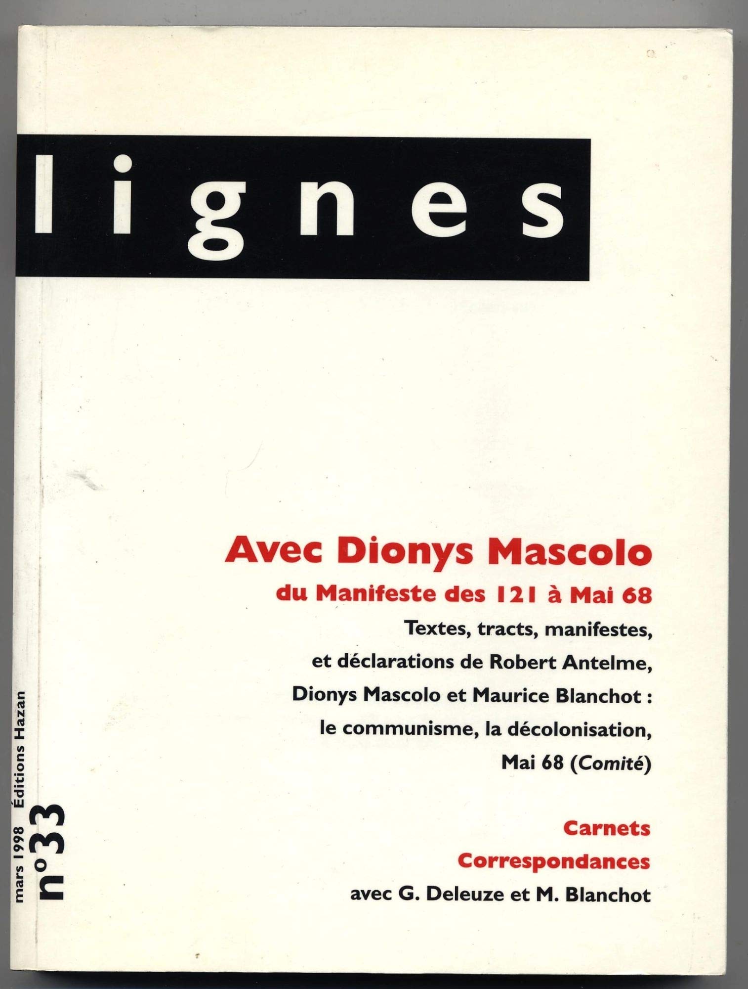 Lignes N° 33 : Avec Dionys Mascolo Books