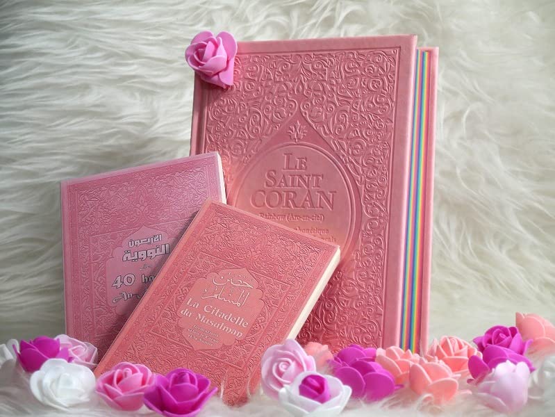 Pack Cadeau rose clair pour femme musulmane : Le Saint Coran Rainbow (français/arabe/phonétique), Les 40 hadiths an-Nawawî et La citadelle du musulman book