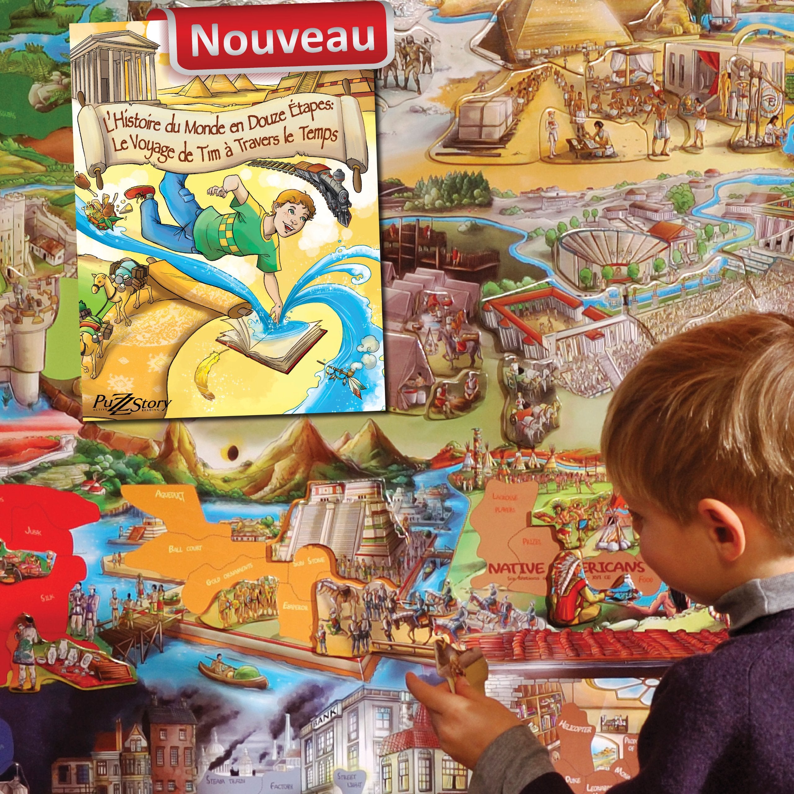 Jeu de Lecture Active, "L'histoire du monde en 12 étapes: Le voyage de Tim à travers le temps", LIVRE (cartonné, 85p, 12 histoires) + PUZZLE (96p en bois) + TABLEAU MAGNÉTIQUE (85x85cm) book