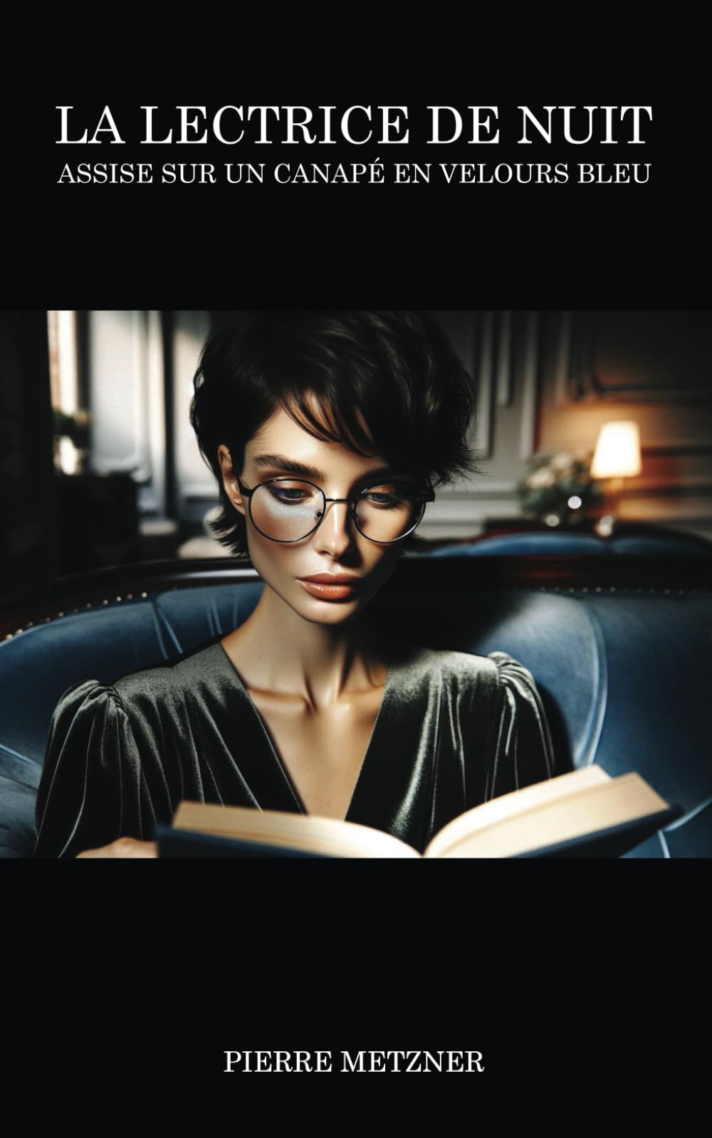 La lectrice de nuit assise sur un canapé en velours bleu book